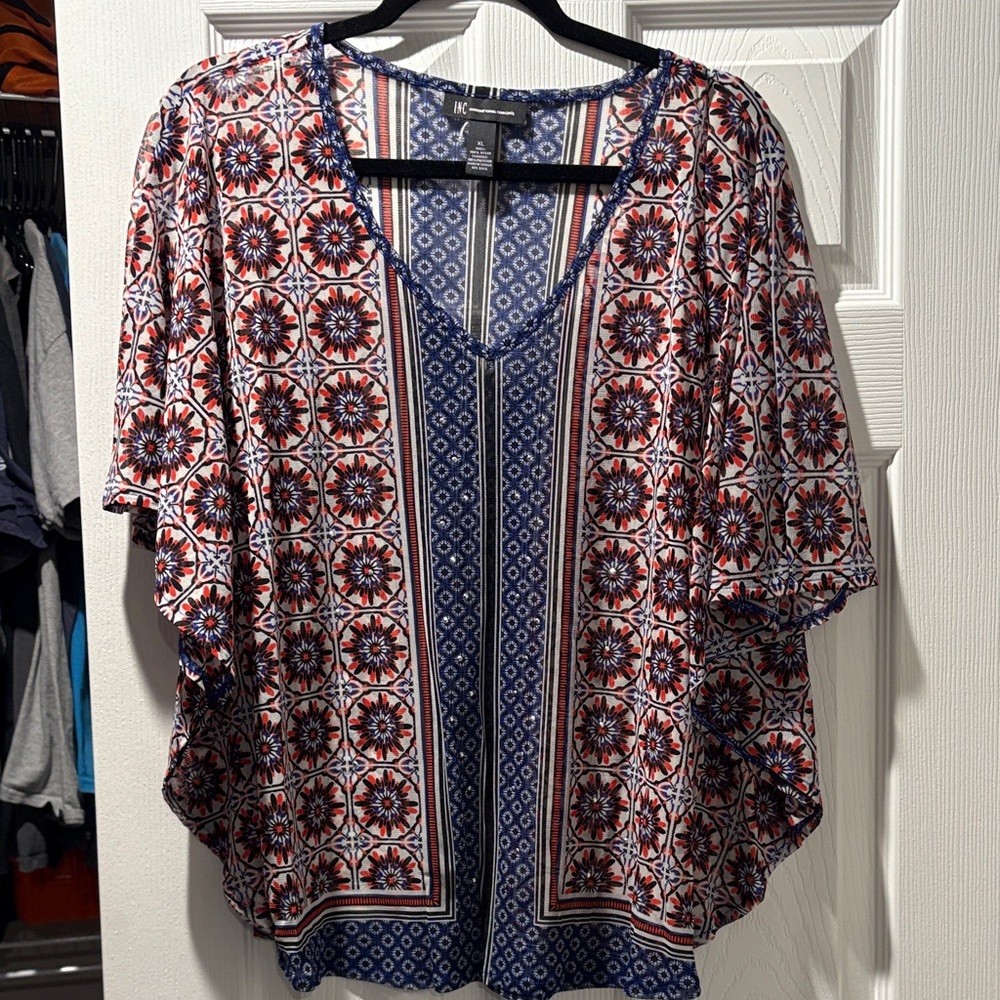 INC International Concepts Red and Blue Patterned Blouse - Size XL